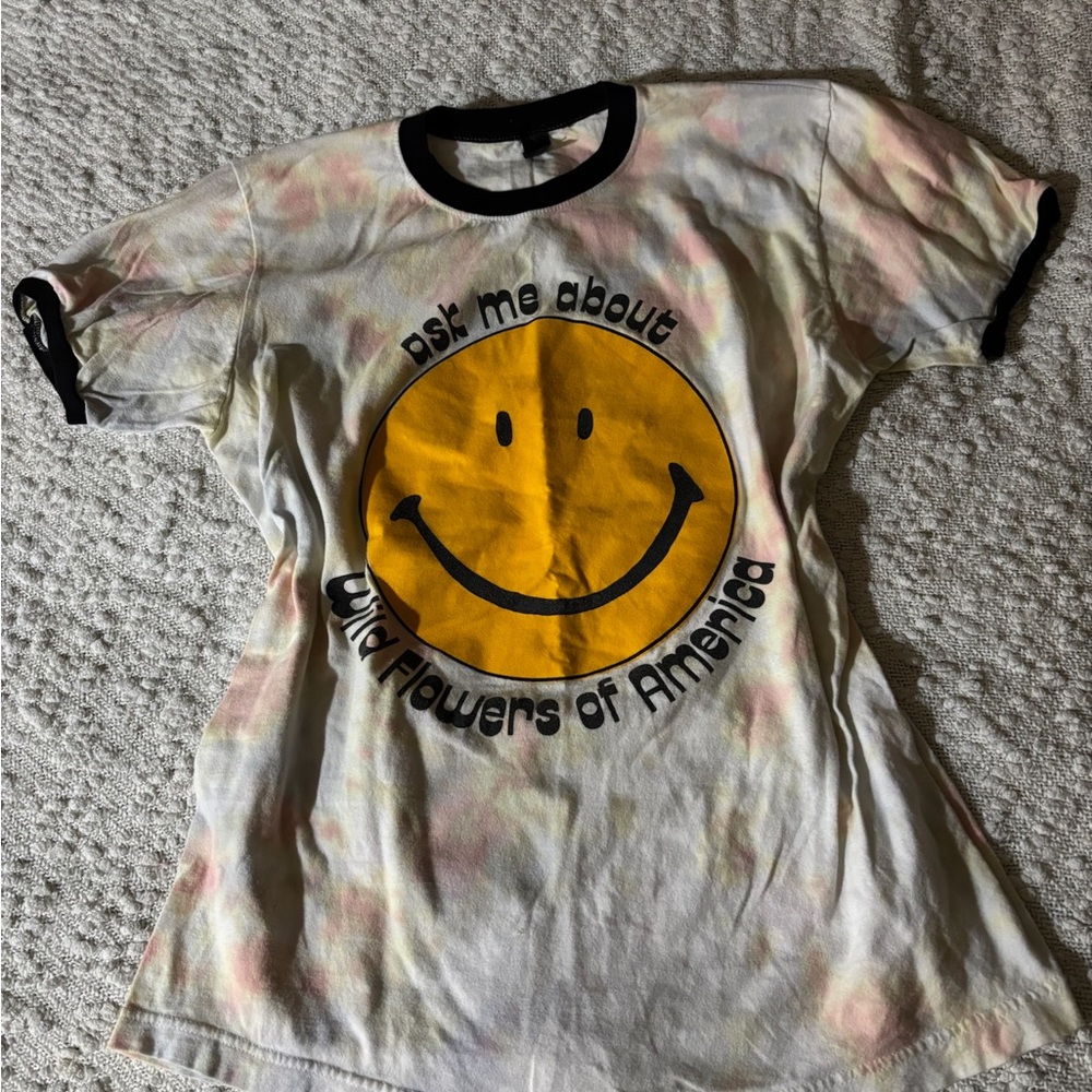 Ask Me About Wildflowers of America - Tie Dye Yellow Smiley T Shirt - Size Medi